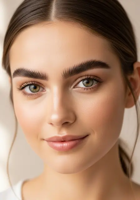 Close-up portrait of a young woman with bright green eyes, smooth skin and prominent, thick eyebrows