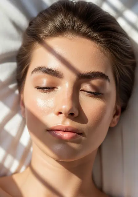 Portrait of a young woman with closed eyes, with glowing and healthy (dewy) skin under sunlight and shadows. Skin care and natural beauty concept