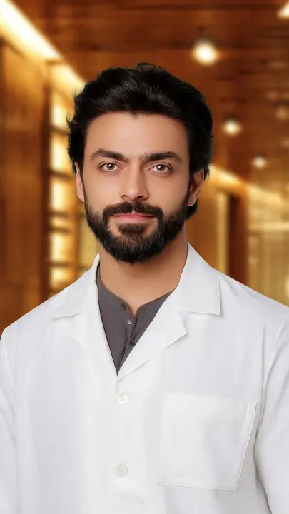 Professional female doctor or health specialist portrait in white coat, holding tablet